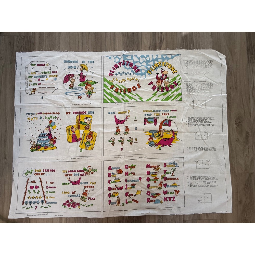 Vintage 1991 Flintstones Friends Fabric Panel Soft Book Pebbles Bamm-Bamm Dino